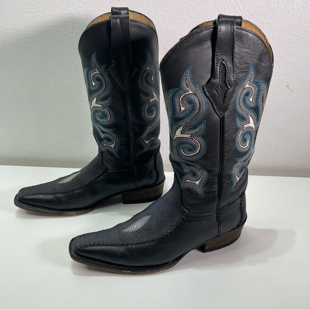 Stingray Men 7 (25) Western Leather Black Boots Blue Embroidery Biker Cowboy